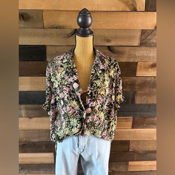 Sag Harbor Tops - 90s Vintage Sheer Floral Ruffled Short Sleeve Sag Harbor Blouse Size 2X